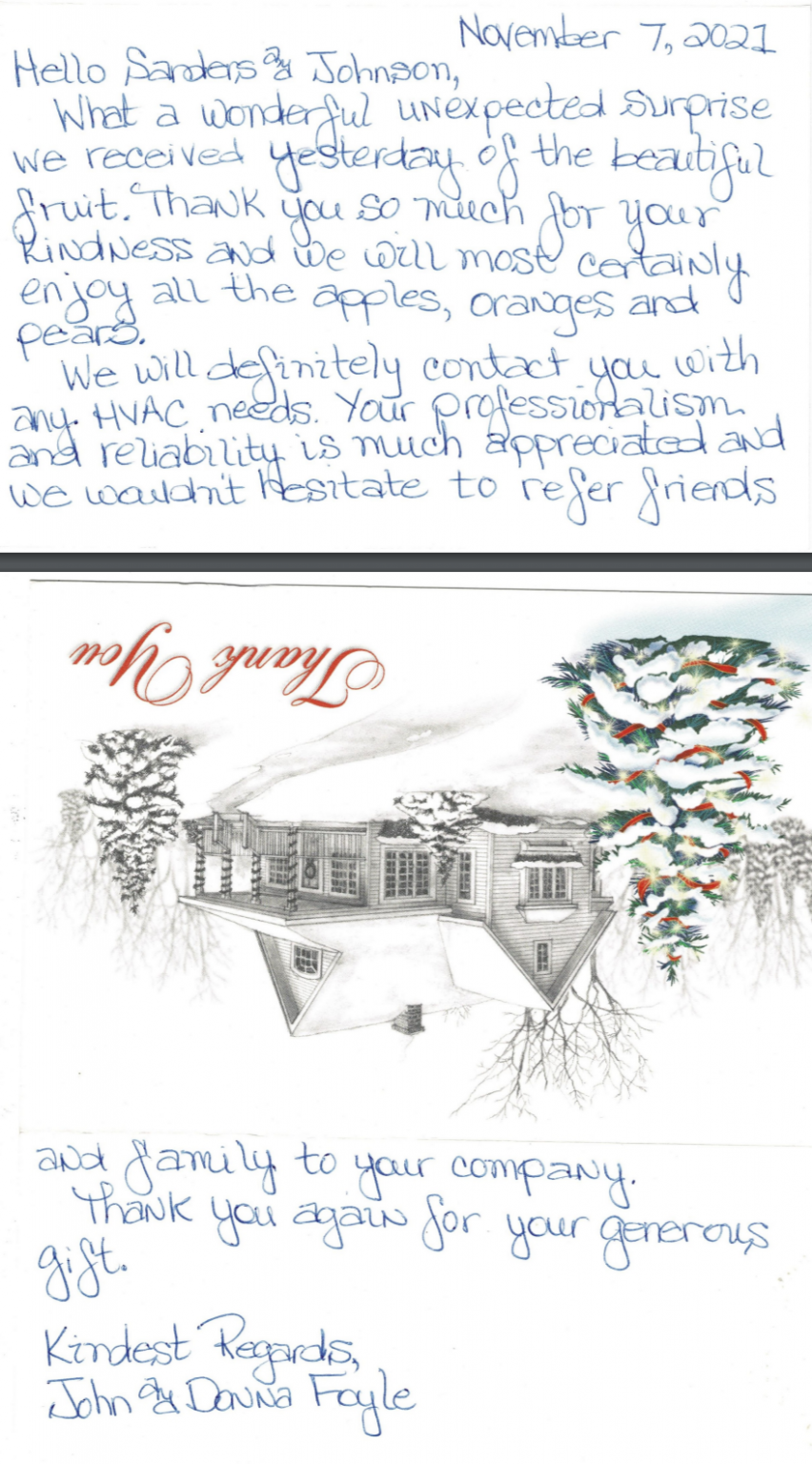 Testimonials for Heating and AC service company Sanders and johnson