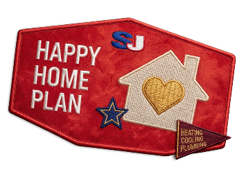 A red patch with "HAPPY HOME PLAN," a house with a heart, a blue star, and a small flag reading "HEATING COOLING PLUMBING DENVER HEATING." The letters "SJ" are at the top.
