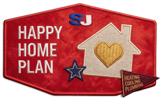 A red embroidered patch with "HAPPY HOME PLAN," a star, a house with a heart, and a pennant reading "HEATING COOLING PLUMBING." "SJ" initials top this Denver heating themed design.