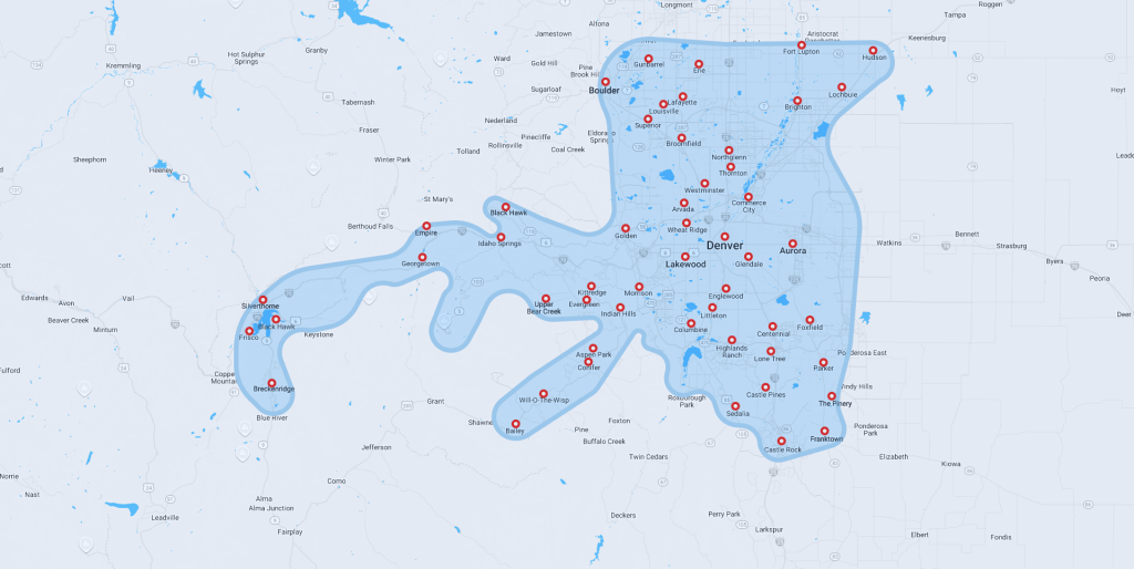 Map of Denver and surrounding areas with a highlighted blue region and red icons indicating specific locations within that area, ideal for finding an HVAC contractor near you.