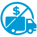 Blue icon of a delivery truck and a dollar sign inside a circle with a diagonal line, indicating free shipping or no delivery fee on Denver heating services.