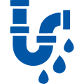 Blue icon of a leaking pipe with three water drops falling from the bottom on a light gray background, representing Denver heating and plumbing concerns.
