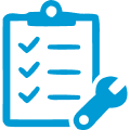 Blue icon of a checklist on a clipboard with four checkmarks, next to a wrench, symbolizing Denver heating maintenance or inspection tasks.