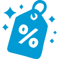 Blue discount tag icon with a percent symbol in the center, surrounded by three blue sparkle accents on a light background—perfect for Denver heating specials.
