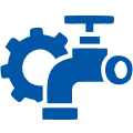 Blue icon of a water faucet with a gear behind it, symbolizing plumbing, Denver heating, or technical services related to water systems.