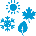 Blue icons of a sun, a maple leaf, a snowflake, and a generic leaf capture the four seasons—perfect for representing Denver heating and year round comfort.