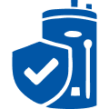 Blue icon of a golf bag with clubs and a shield in front featuring a check mark, symbolizing protection—like denver heating ensures comfort and reliability.