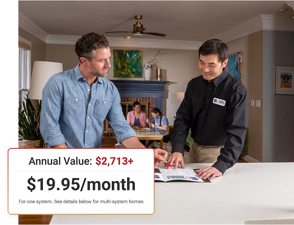 A service technician shows documents to a homeowner in a kitchen, with a woman and child in the background. Promotional text advertises a Denver heating home service plan for $19.95 per month.
