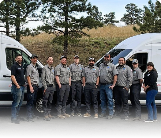 Ten people in gray uniforms stand in a line outdoors between two white vans, with trees and grassy hills in the background, ready to tackle any Denver heating needs.