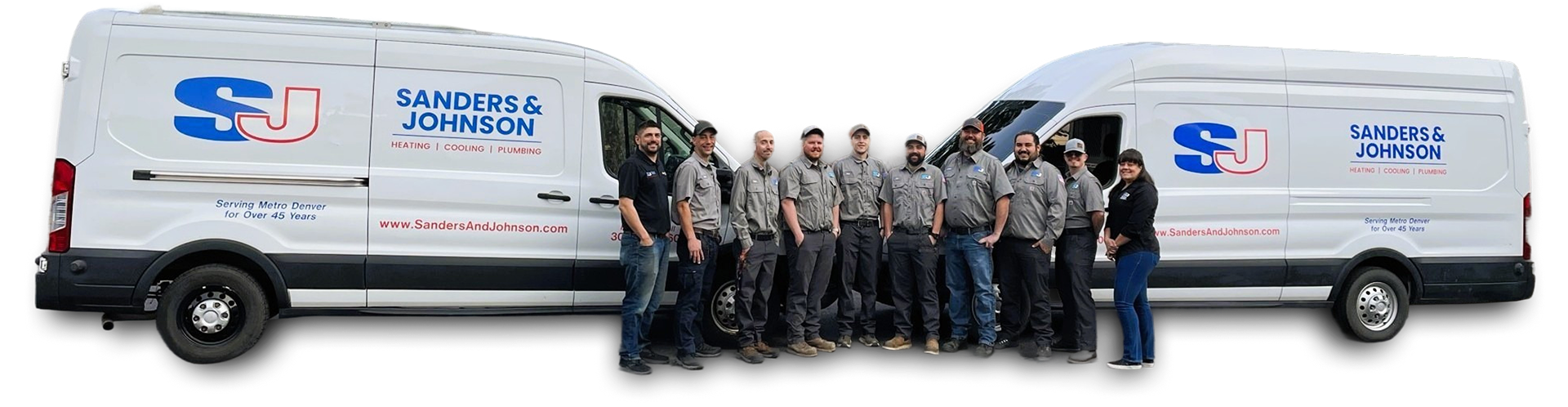 A group of ten employees in matching uniforms stand between two Sanders & Johnson service vans, displaying the company logo and website—ready to handle all your Denver heating needs.