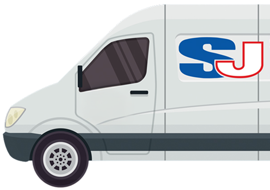 Illustration of a white delivery van with tinted windows and the letters "SJ" in blue and red on the side, representing a trusted Denver heating service provider.