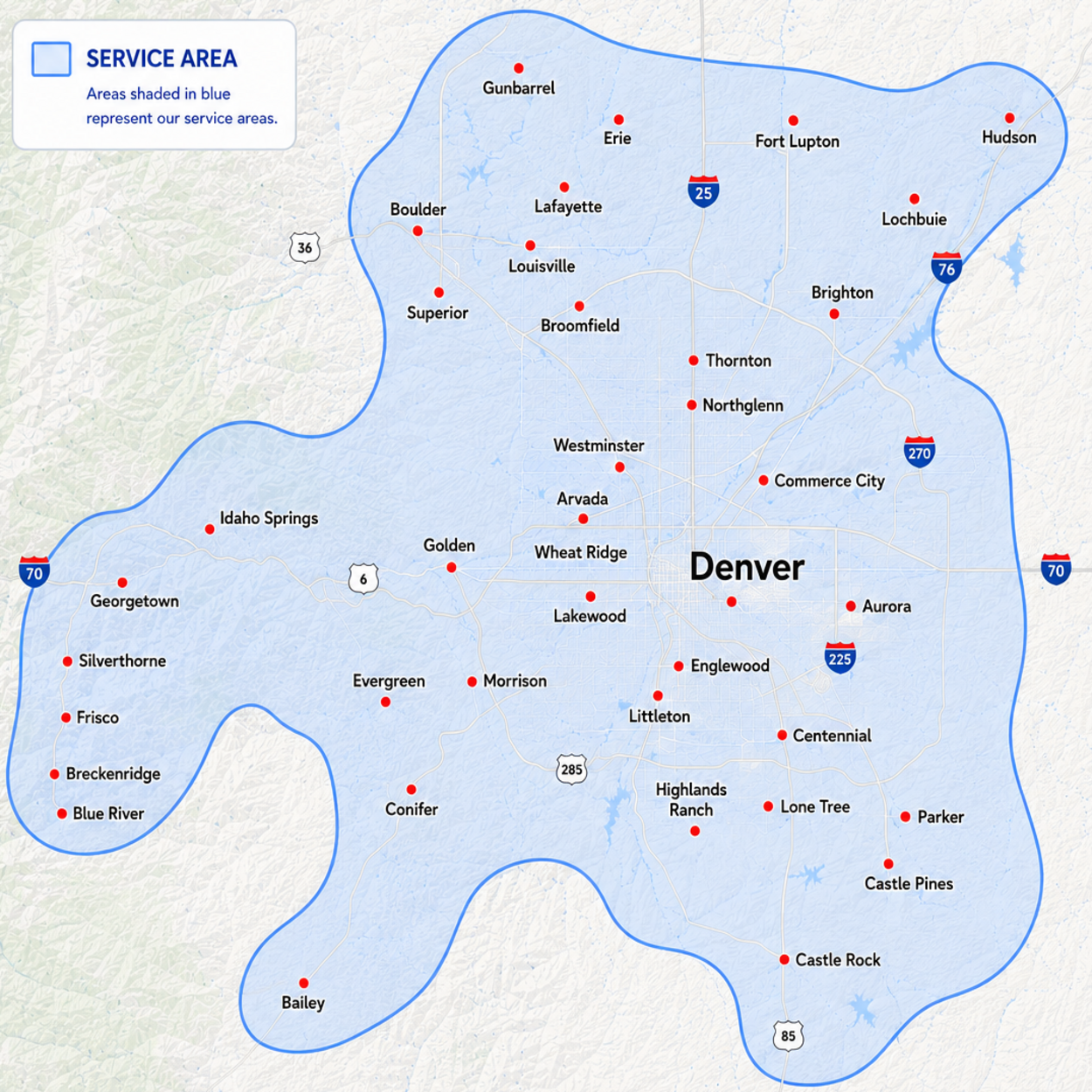 Map showing the Denver metro area with a blue shaded region indicating the service area, highlighting where our HVAC contractor serves multiple nearby cities and suburban communities. Map showing the Denver metro area with a blue shaded region indicating the service area, highlighting where our HVAC contractor serves multiple nearby cities and suburban communities.