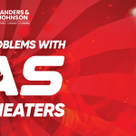 A boiler emitting smoke and flames, with the text "Common Problems with Gas Water Heaters" highlighting issues homeowners face. The Sanders & Johnson logo appears in the top left corner, all set against a bold red background.