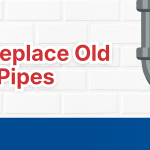 A dripping pipe with water beneath it and text reading, “When to Replace Old Plumbing Pipes in Denver,” next to the Sanders & Johnson logo.