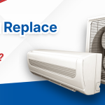 An air conditioning unit with the text, “Should you replace your AC before it breaks?” and the Sanders & Johnson company logo appear on a blue and white background.