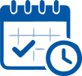 Blue calendar icon with a check mark and a clock in the foreground, representing a scheduled or confirmed Denver heating appointment or event.